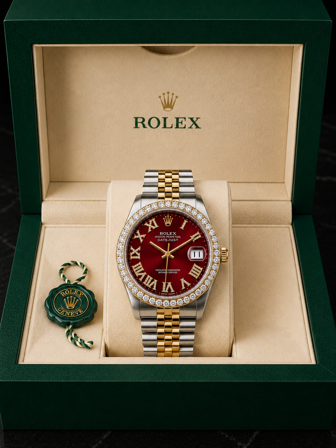 Rolex Datejust Watch 16013 | 36MM | Custom Jubille Band Red Roman Diamond Dial | Diamond Bezel