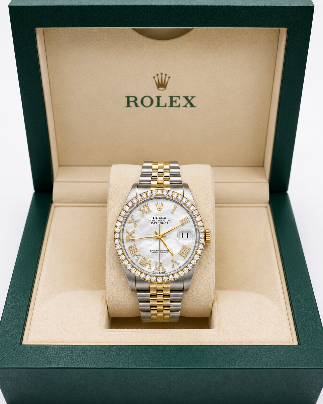 Rolex Datejust Watch 16013 | 36MM | Custom Jubille Band White Mother Of Pearl Diamond Dial | Diamond Bezel