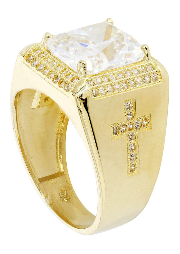 Mens Rock Crystal Ring | 10K Solid Yellow Gold | Style #4