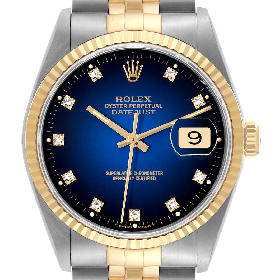 Rolex Datejust Watch 16233 for Men | 36MM | Blue Vignette Diamond Dial| Stainless Steel Yellow Gold