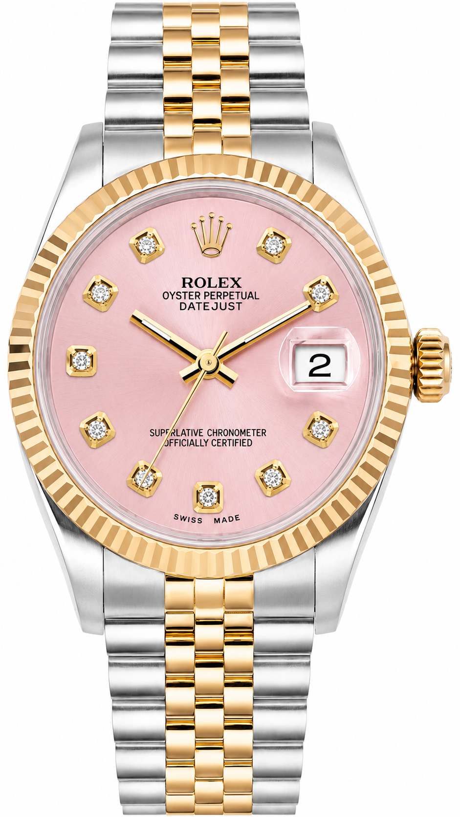 Special Rolex Datejust Watch | 36MM | Pink Dial Diamond | Jubilee Band Two Tone Diamond Bangle Diamond Earrings