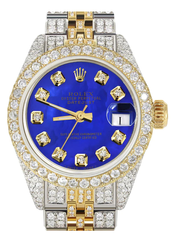 Full Diamond Bust Down Rolex Datejust Gold Watch for Women | 1 Carat Bezel | 26MM | Royal Blue Dial | Jubilee Band