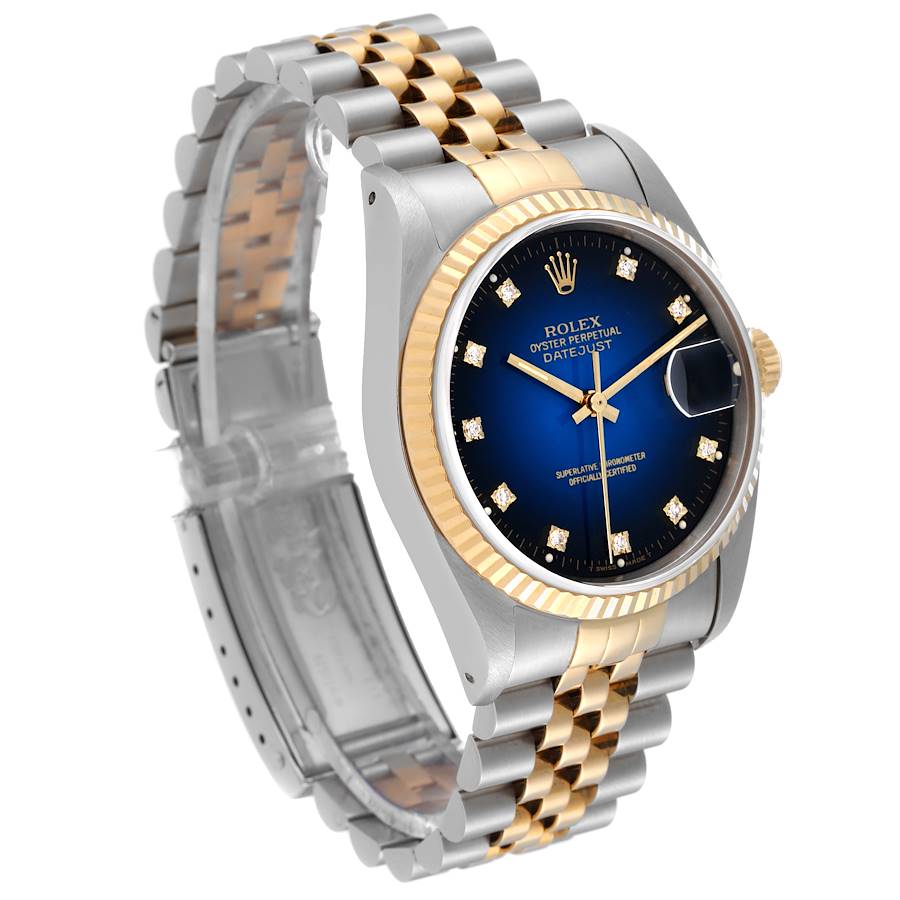 Rolex Datejust Watch 16233 for Men | 36MM | Blue Vignette Diamond Dial| Stainless Steel Yellow Gold