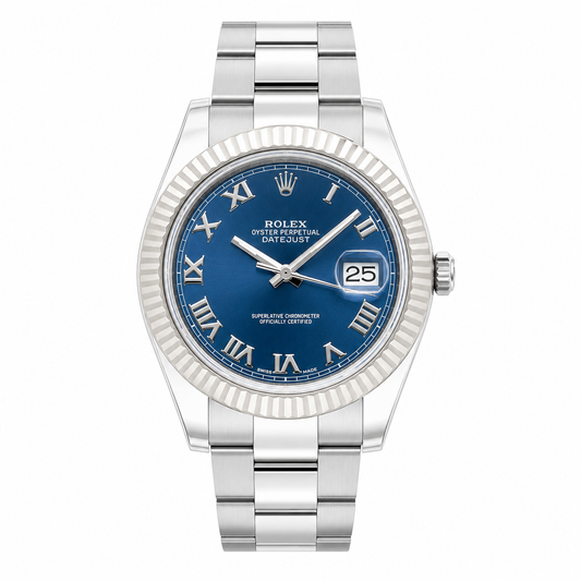 Rolex 41mm Datejust II Stainless Steel 116334 | Blue Roman Dial | Fluted Bezel | Stainless Steel Bracelet