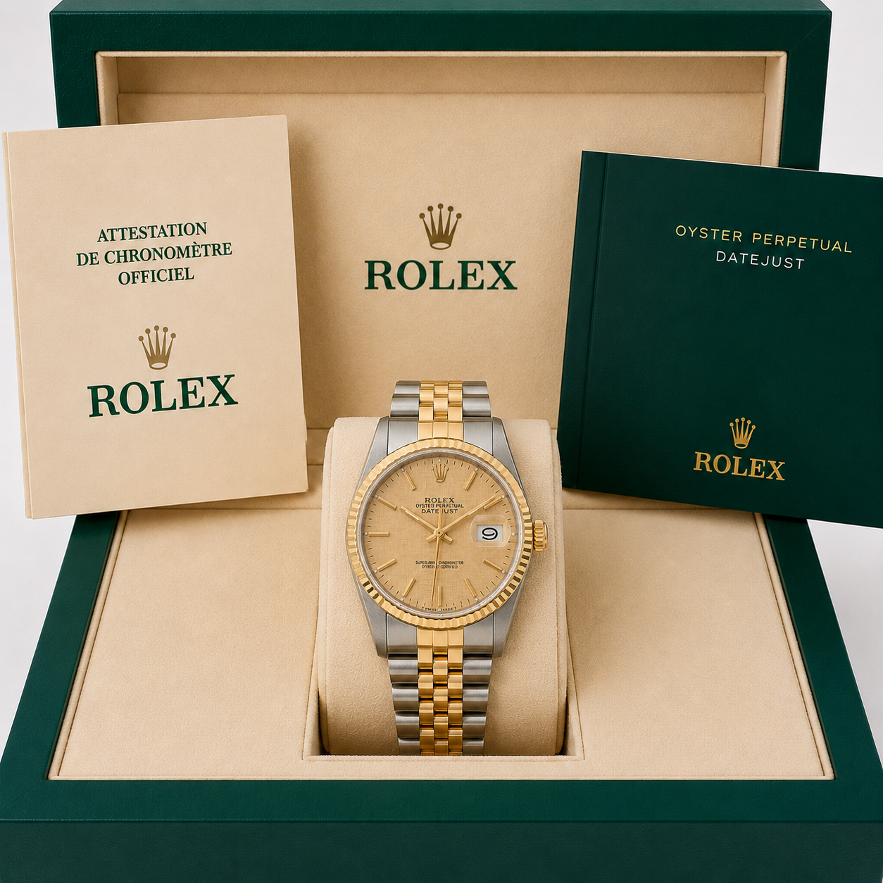 Rolex Datejust Watch 16013 for Mens | 36MM | Yellow Gold Champagne Linen Dial B & P