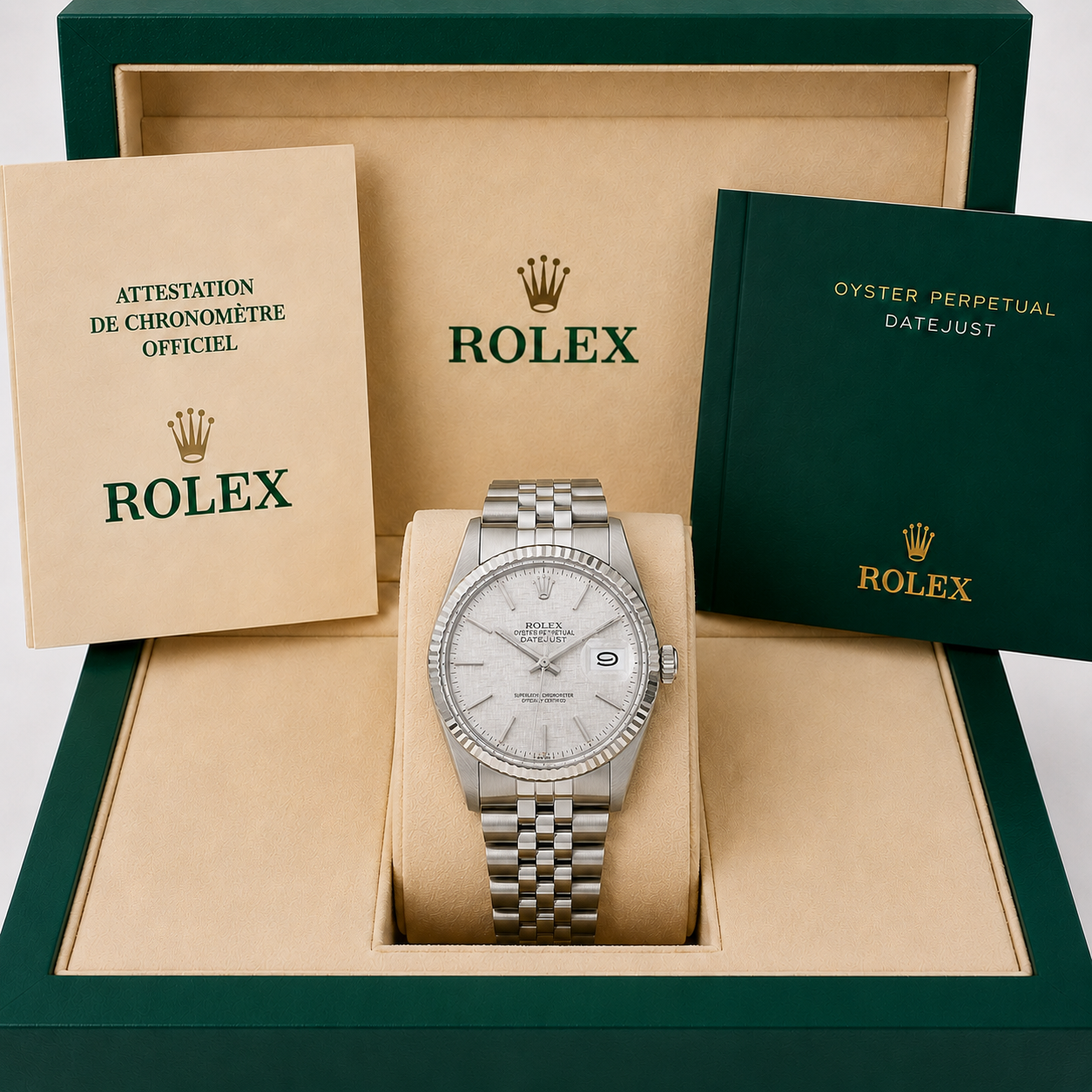 Rolex Datejust Watch for Men 16014 | 36MM | Steel White Gold Silver Linen Dial | Vintage B & P
