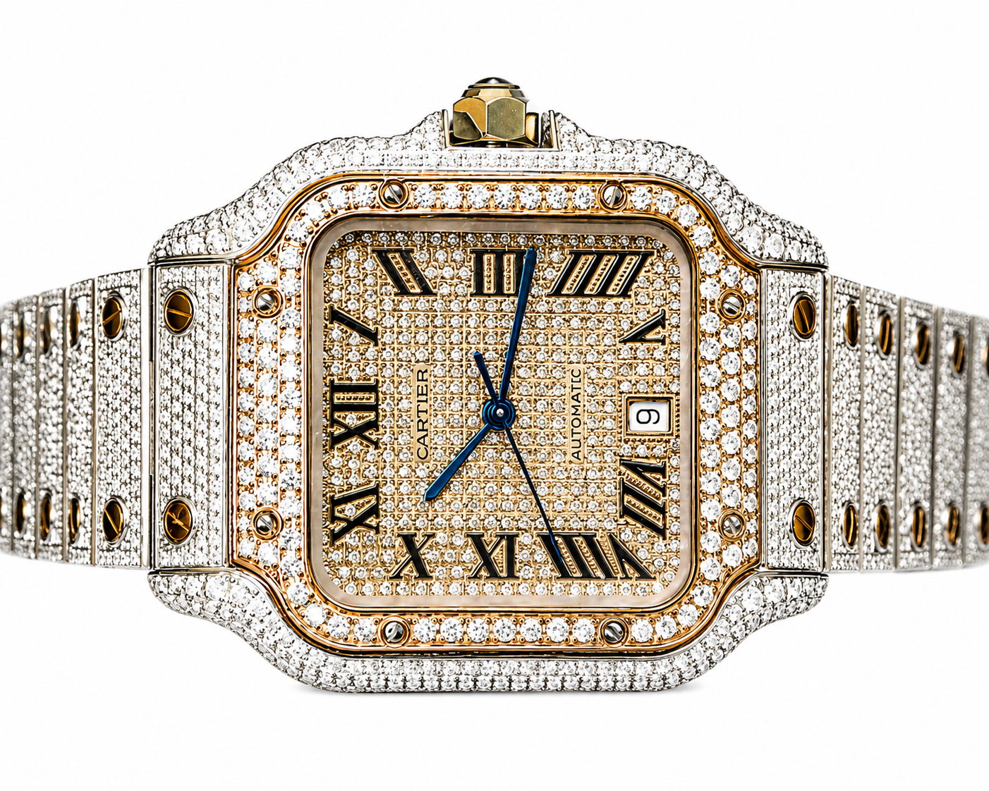 Cartier Santos Rose & White  40MM 12CTW Natural Diamond Bussdown Iced Out Mens Watch