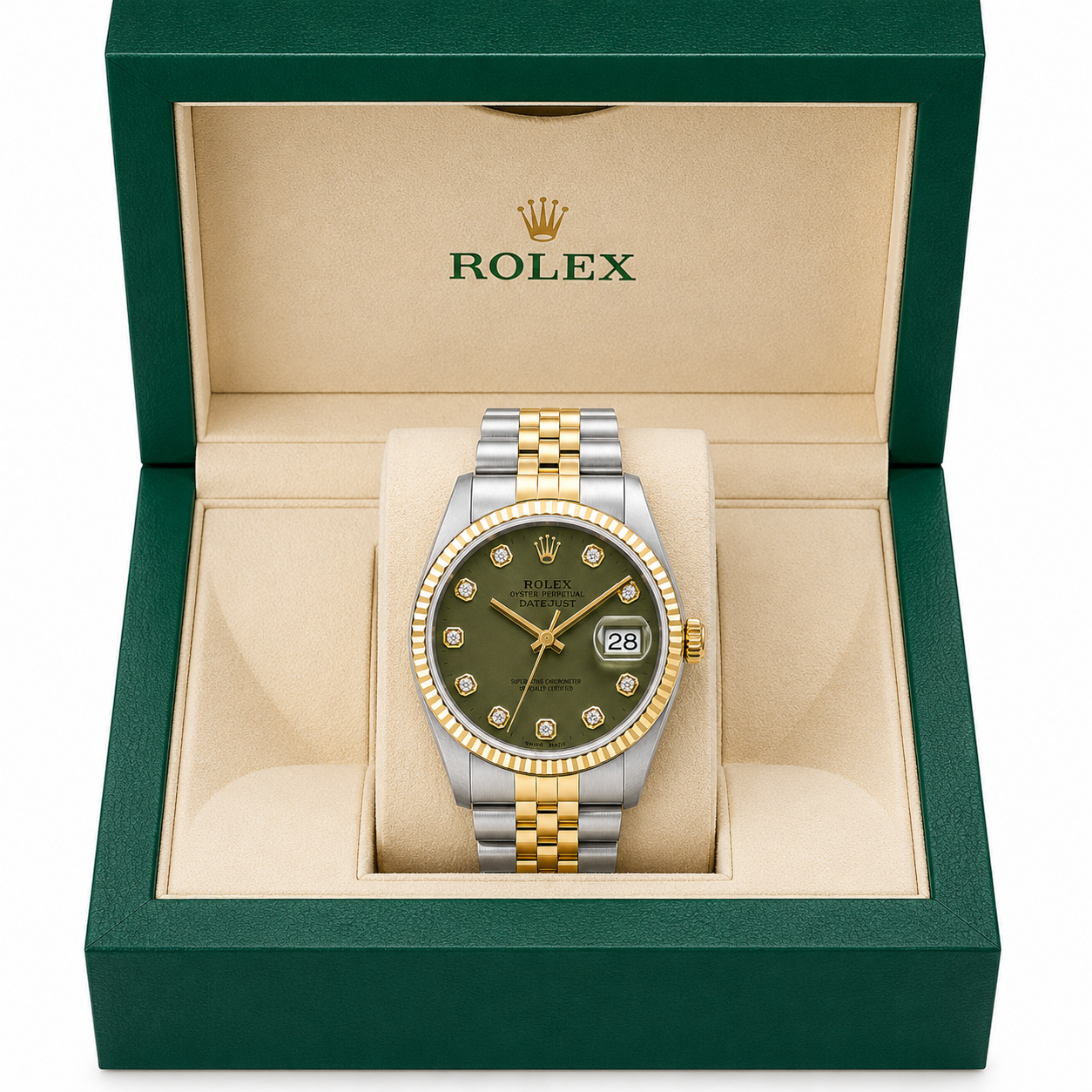 Rolex Datejust Watch 16013 | 36MM | Custom Jubille Band Olive Green Diamond Dial