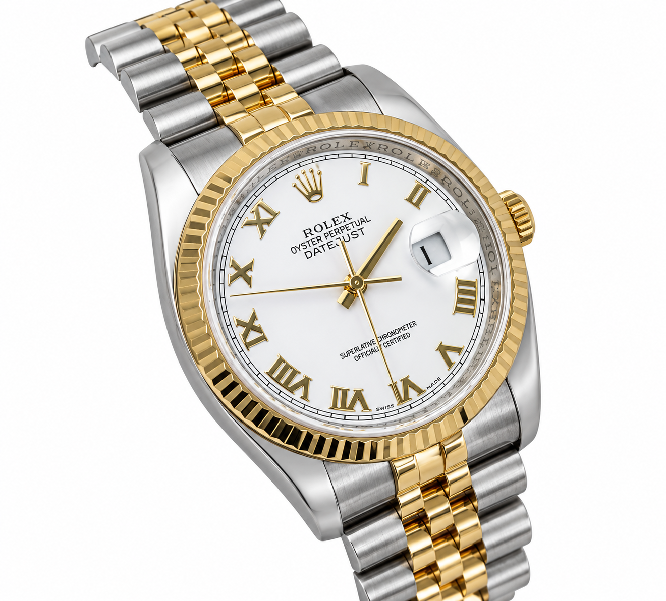 Rolex Datejust 36 Steel White Roman Dial Fluted 18K Gold Two Tone Jubilee Watch 116233