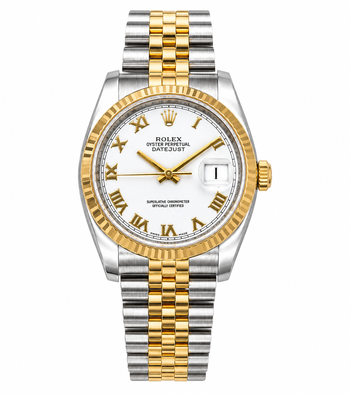 Rolex Datejust 36 Steel White Roman Dial Fluted 18K Gold Two Tone Jubilee Watch 116233