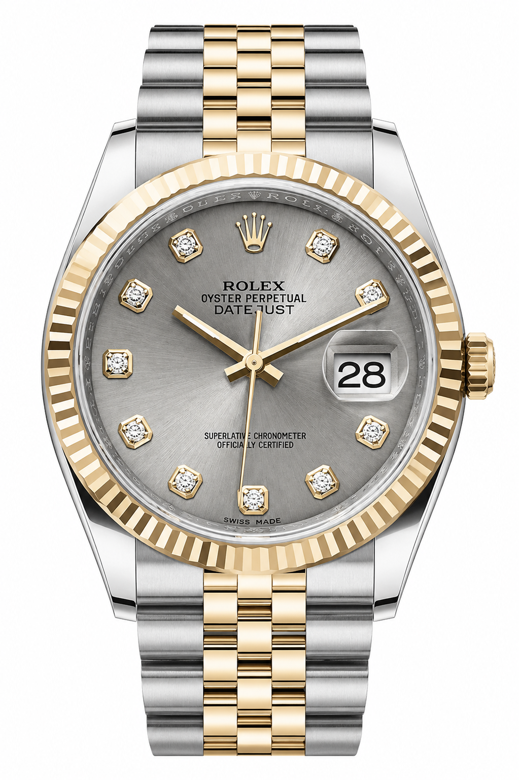 Rolex Datejust 36 Steel Grey Diamond Dial Fluted 18K Gold Two Tone Jubilee Watch 116233