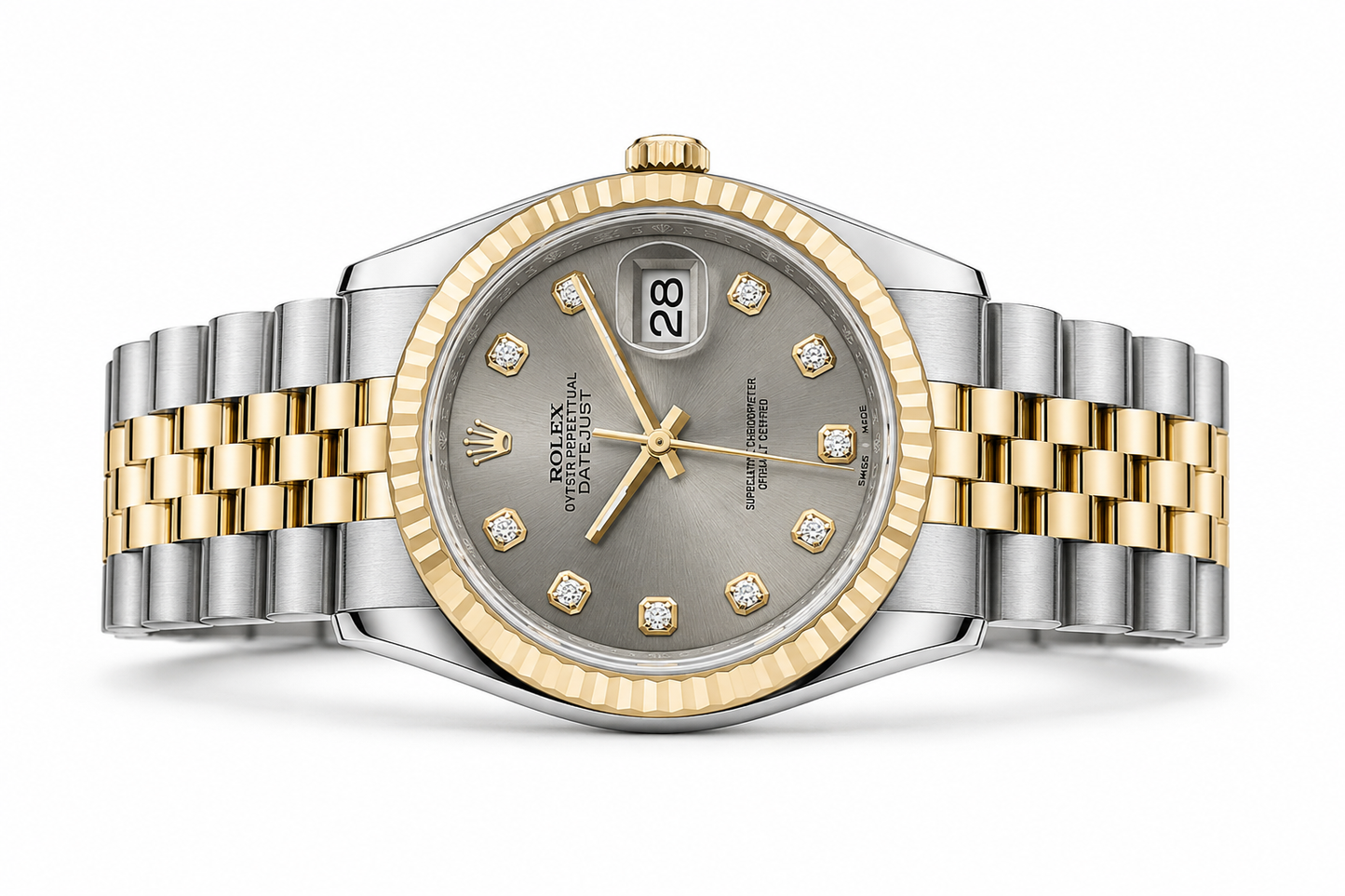 Rolex Datejust 36 Steel Grey Diamond Dial Fluted 18K Gold Two Tone Jubilee Watch 116233