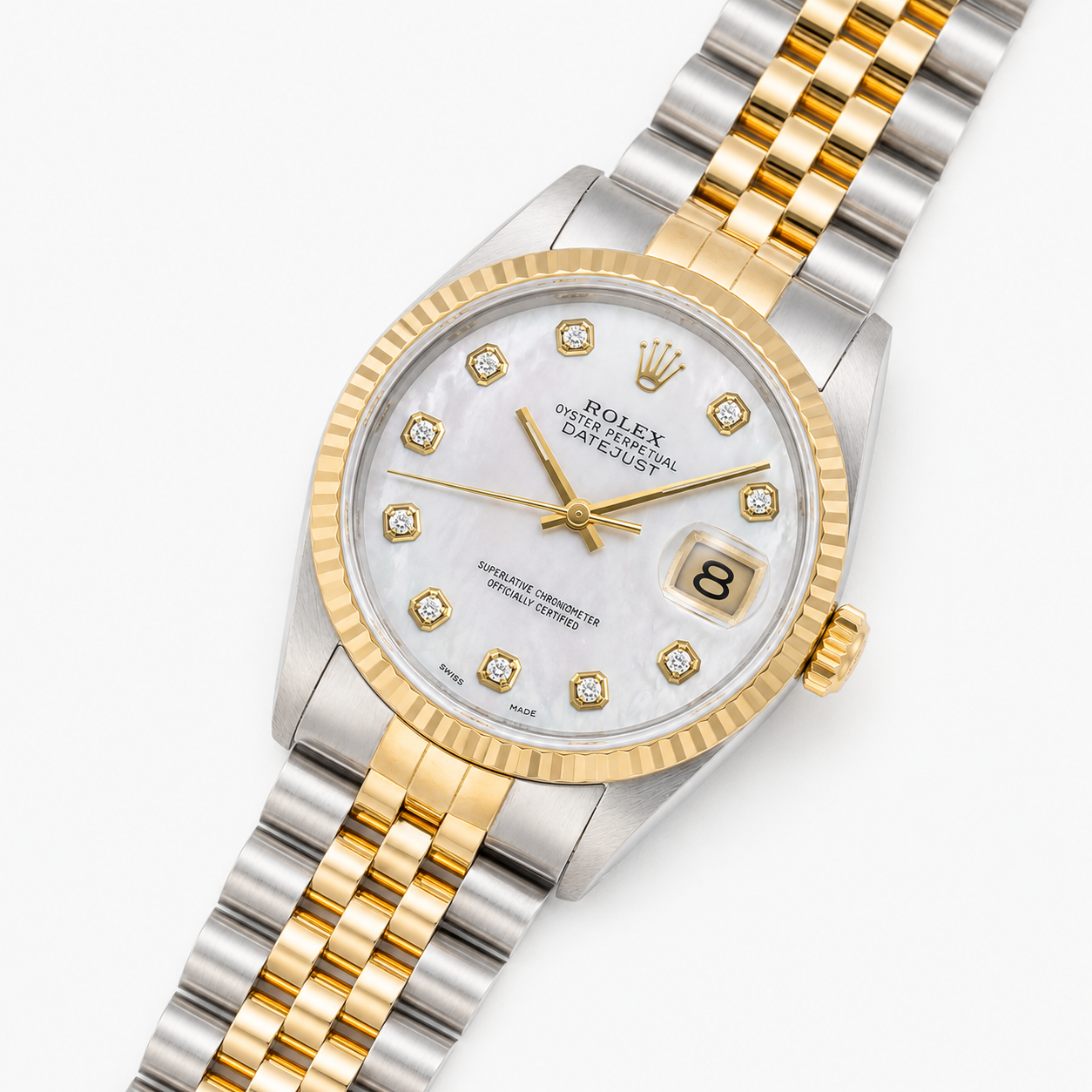 Rolex Datejust 69173 26MM White Mop Diamond Dial With Two Tone Jubilee Bracelet Diamond Earrings and Bracelet