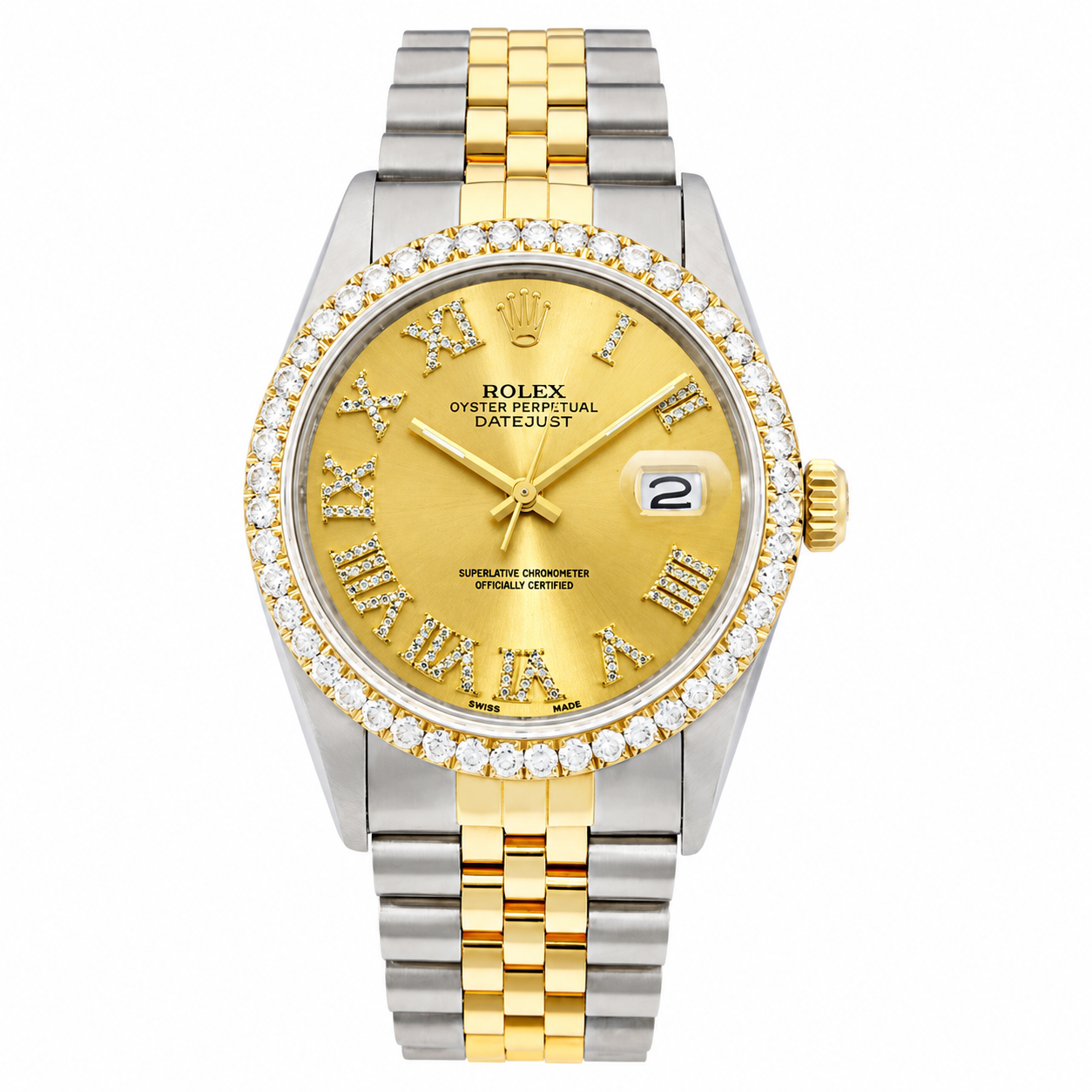 Rolex Datejust Watch | 36MM | Champagne Roman Diamond Dial | Jubilee Band Two Tone Diamond bezel