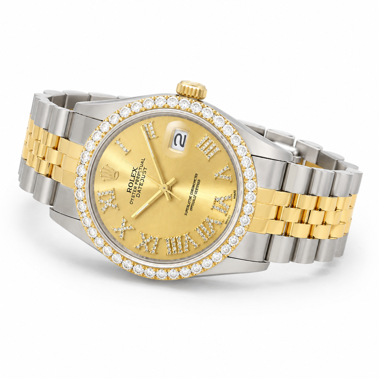 Rolex Datejust Watch | 36MM | Champagne Roman Diamond Dial | Jubilee Band Two Tone Diamond bezel