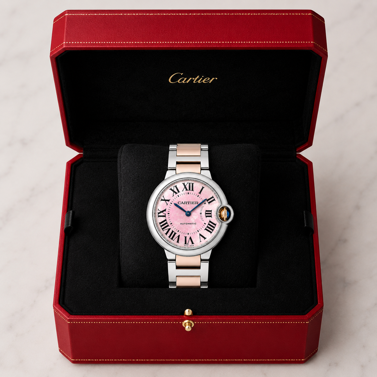 Cartier Ballon Bleu 36mm Two-Tone Pink MOP Roman Dial Bracelet Watch W6920070