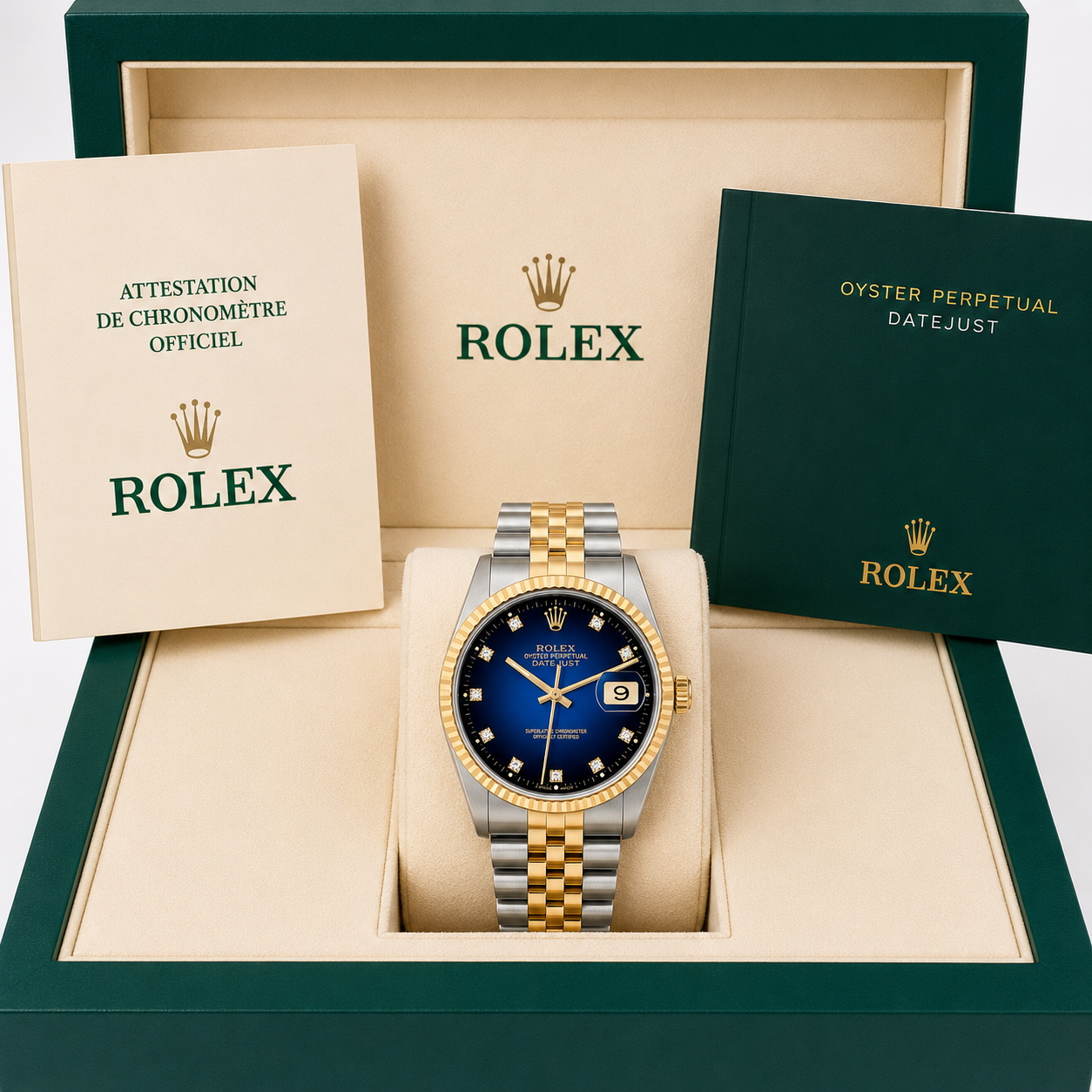 Rolex Datejust Watch 16233 for Men | 36MM | Blue Vignette Diamond Dial| Stainless Steel Yellow Gold