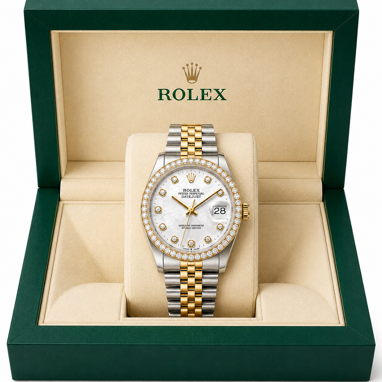 Rolex Datejust Watch | 31MM | White Mop Diamond Dial | Diamond Bezel  | Jubilee Band | 1.35ct
