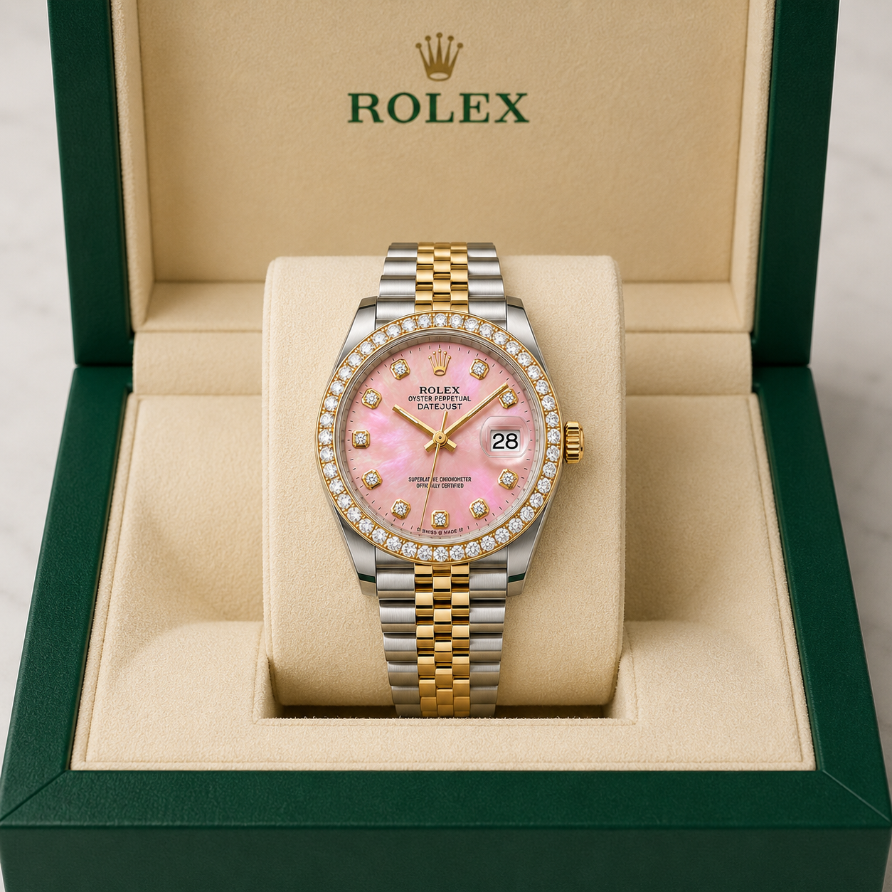 Rolex Datejust Watch | 31MM | Pink Mop Diamond Dial | Diamond Bezel  | Jubilee Band | 1.35ct