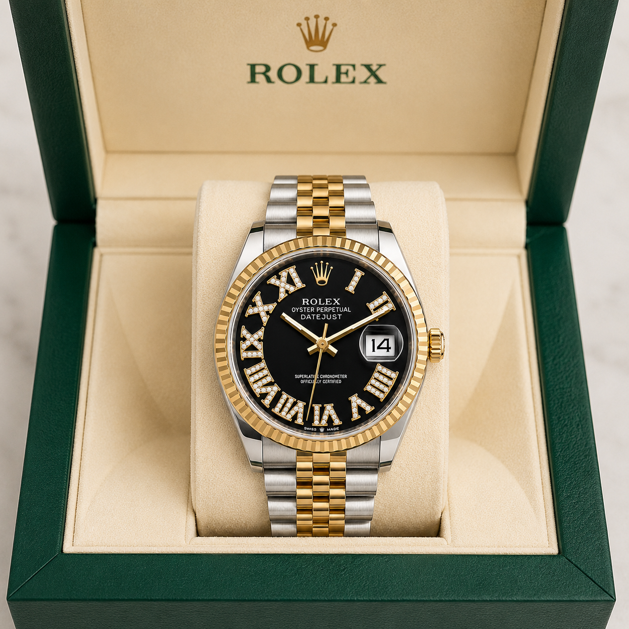 Rolex Datejust | 36MM | Roman Black Diamond Dial | Two Tone |  Jubilee Band 16013