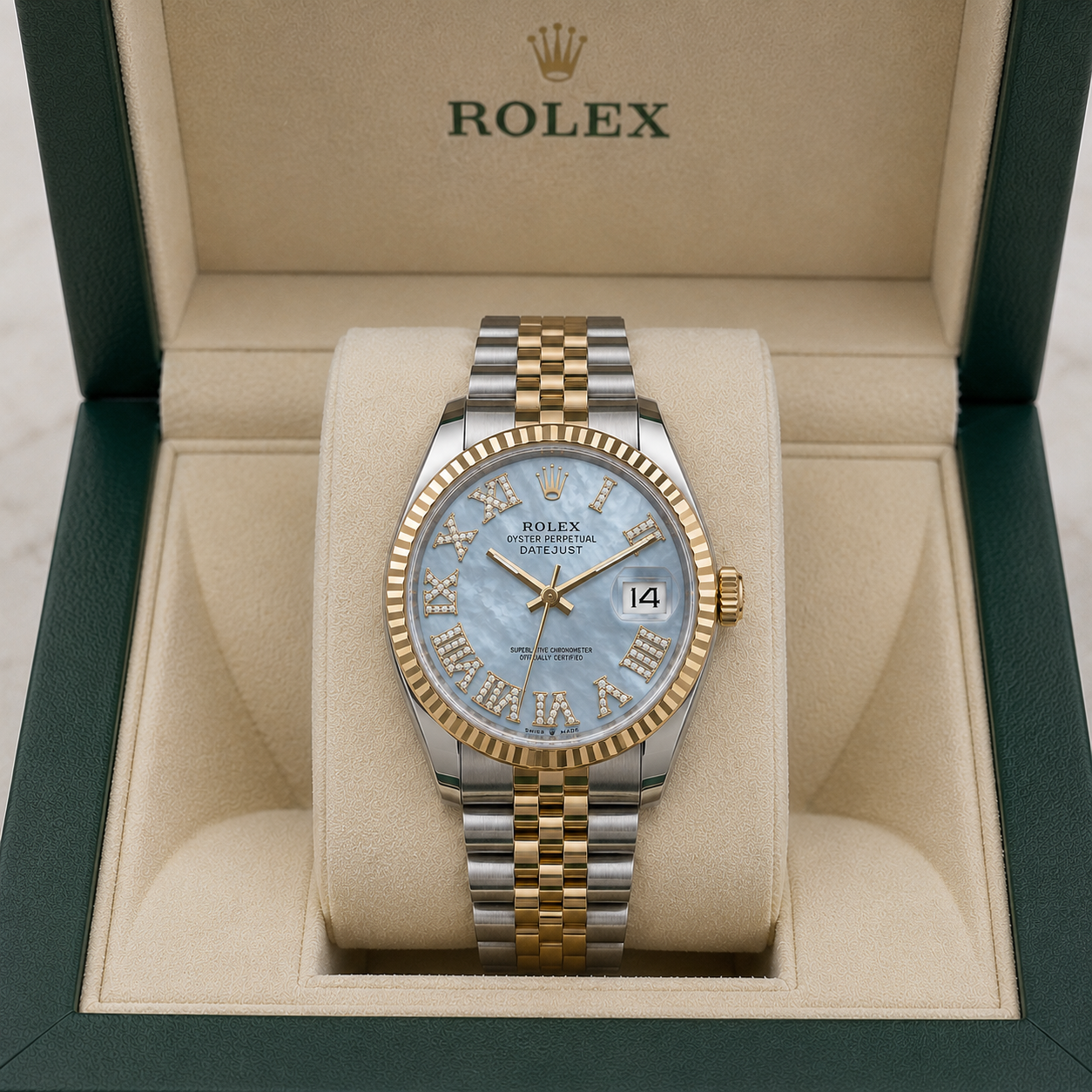 Rolex Datejust | 36MM |  Roman Blue Mop Diamond Dial | Two Tone |  Jubilee Band 16013