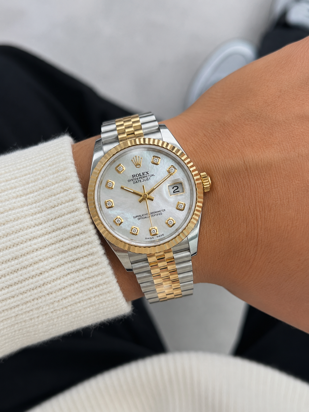 Special Rolex Datejust Watch | 36MM | Mop Diamond Dial | Jubilee Band Two Tone Diamond Bangle Diamond Earrings