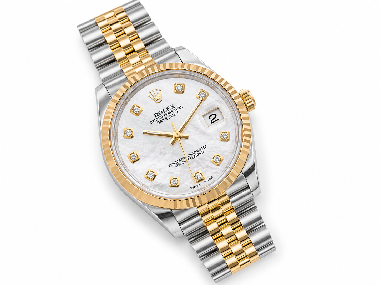 Special Rolex Datejust Watch | 36MM | Mop Diamond Dial | Jubilee Band Two Tone Diamond Bangle Diamond Earrings