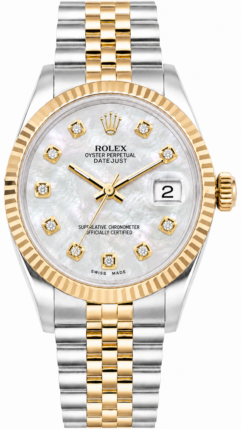 Special Rolex Datejust Watch | 36MM | Mop Diamond Dial | Jubilee Band Two Tone Diamond Bangle Diamond Earrings