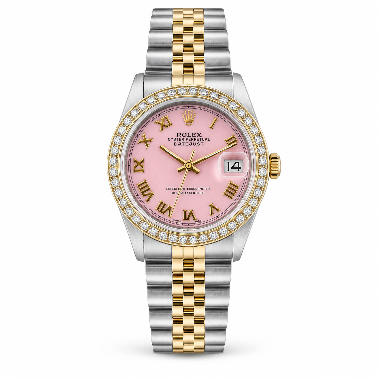Rolex Datejust Watch | 36MM | Pink Mop Roman  Dial  | Custom Jubilee Band Two Tone Diamond Bezel