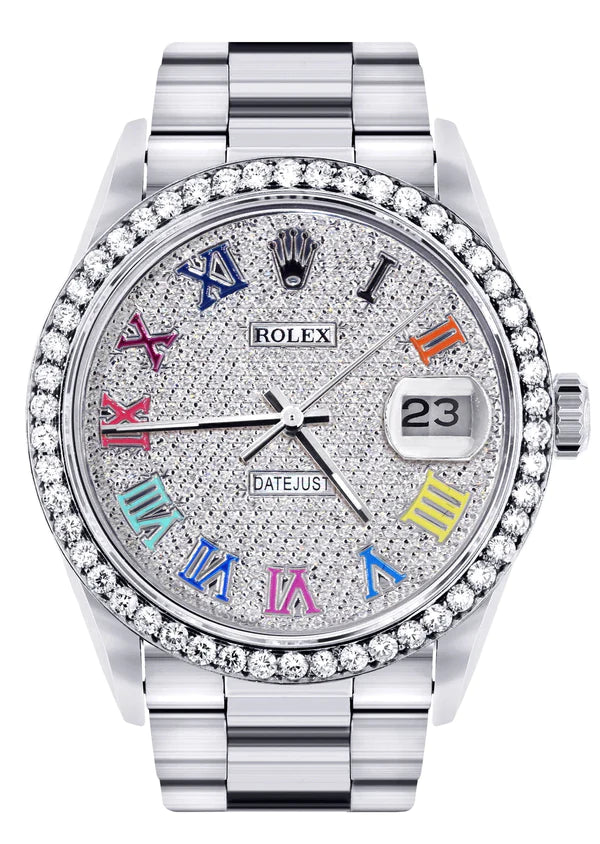 Diamond Rolex Datejust Watch 16200 | 36MM | Full Diamond Color Roman Dial | Stainless Steel | Oyster Band