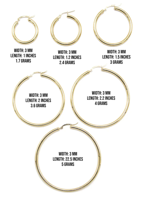 10K Womens Gold Hoop Earrings | Customizable Size | 3 MM