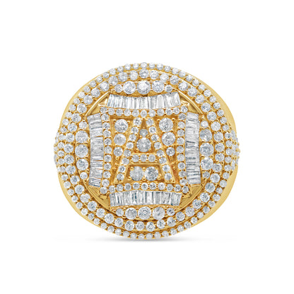 Mens Gold Round and Baguette Diamond "A" Letter Pinky Ring | 14K Yellow Gold | 2.00CTW