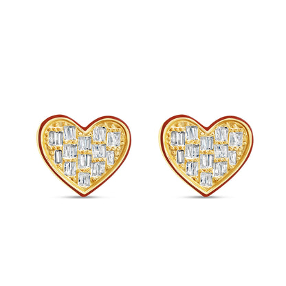 Gold Baguette Diamond Heart with Red Enamel Earrings | Yellow Gold 14K | 0.50CT | 13MM