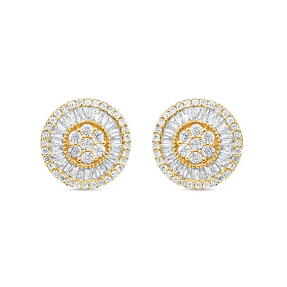 14K Yellow Gold | Round and Baguette Diamond Round Earrings | 1.01CTW | 11.2MM