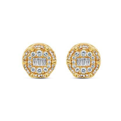 14K Yellow Gold | Round and Baguette Diamond Round Earrings | 0.76CTW | 10.7MM
