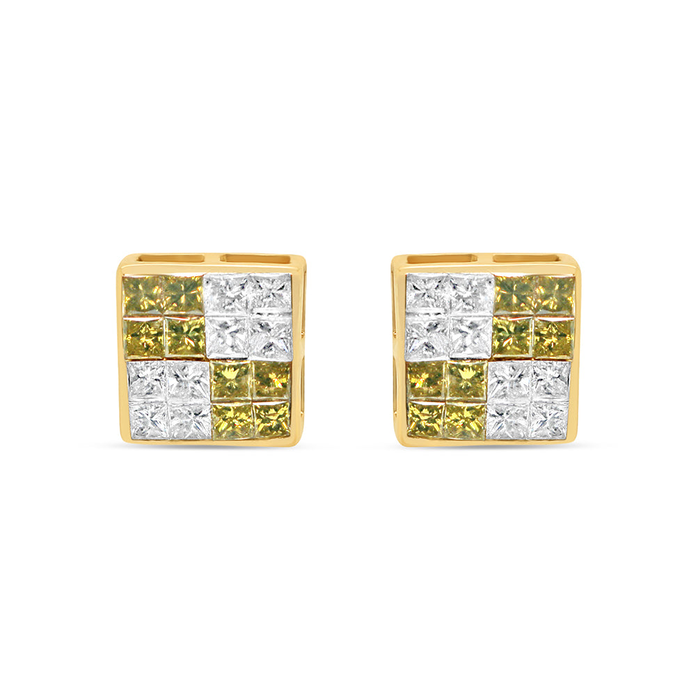 14K Yellow Gold | "4" White and Green Diamonds Square  Earrings | 1.22CTW | 7.73MM