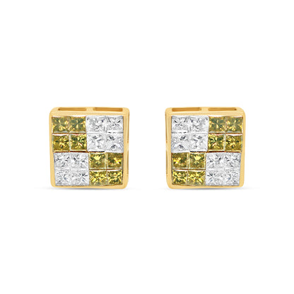 14K Yellow Gold | "4" White and Green Diamonds Square  Earrings | 1.22CTW | 7.73MM