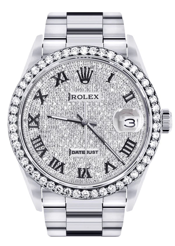Diamond Rolex Datejust Watch 16200 for Men | 36MM | Full Diamond Roman Dial | Stainless Steel | Oyster Band