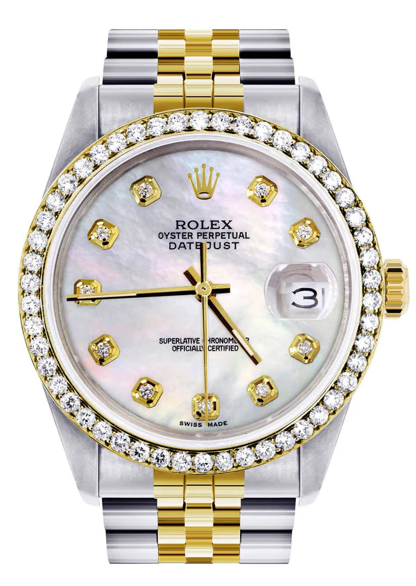 Special Rolex Datejust Watch | 36MM | Mop Dial Diamond bezel  | Jubilee Band Two Tone Diamond Bangle Diamond Earrings