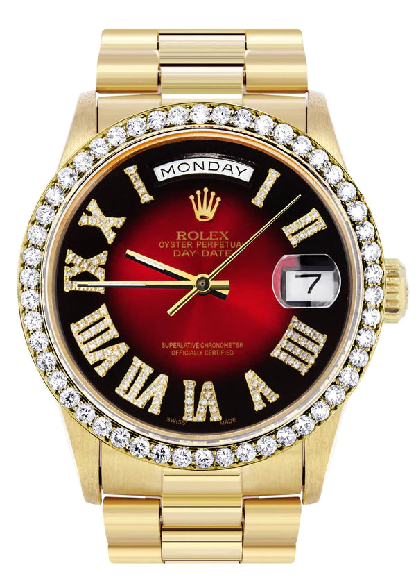 Rolex Day-Date Presidential | Model 18238 | 18K Yellow Gold | 36MM | Diamond Bezel | Red Diamond Roman Numeral