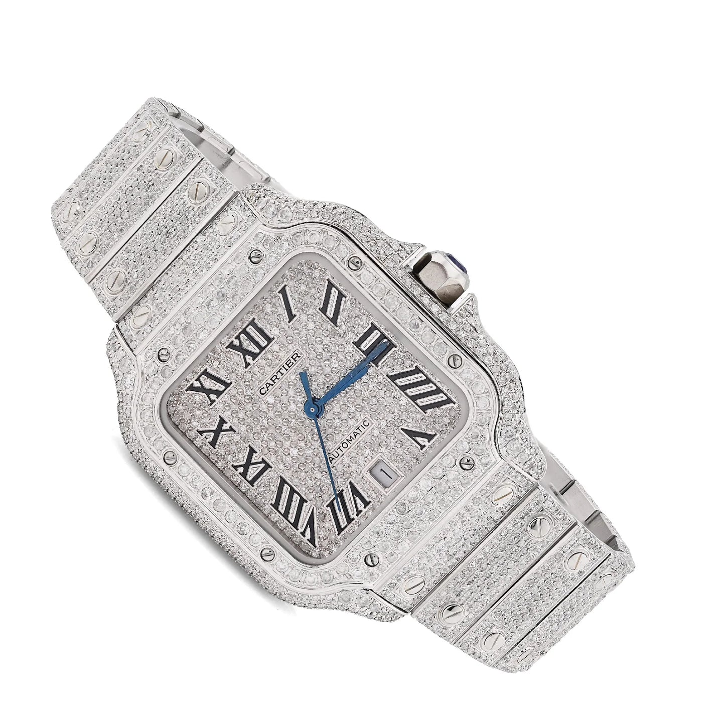 Cartier Santos White 40MM 12CTW Natural Diamond Bussdown Iced Out Mens Watch