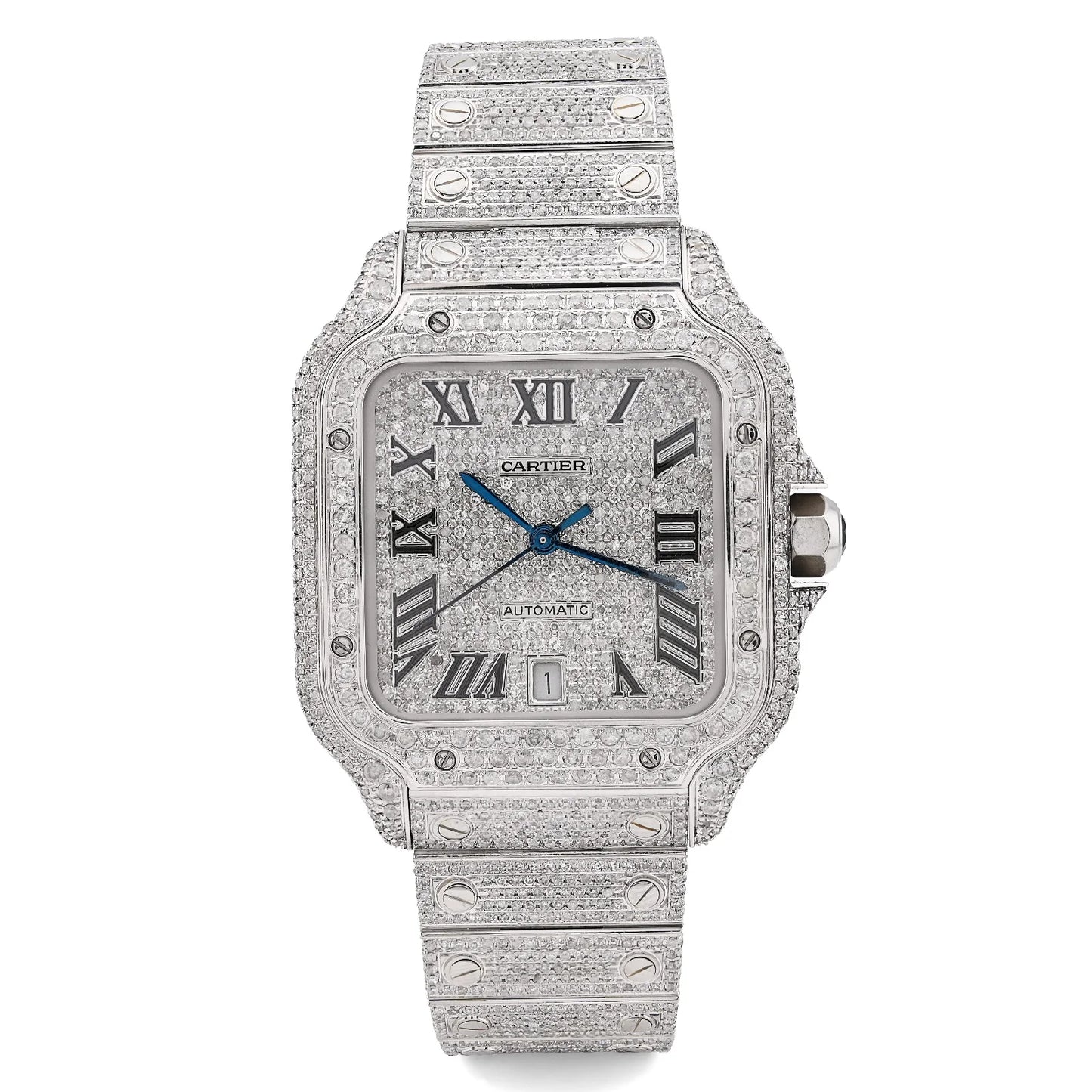 Cartier Santos White 40MM 12CTW Natural Diamond Bussdown Iced Out Mens Watch