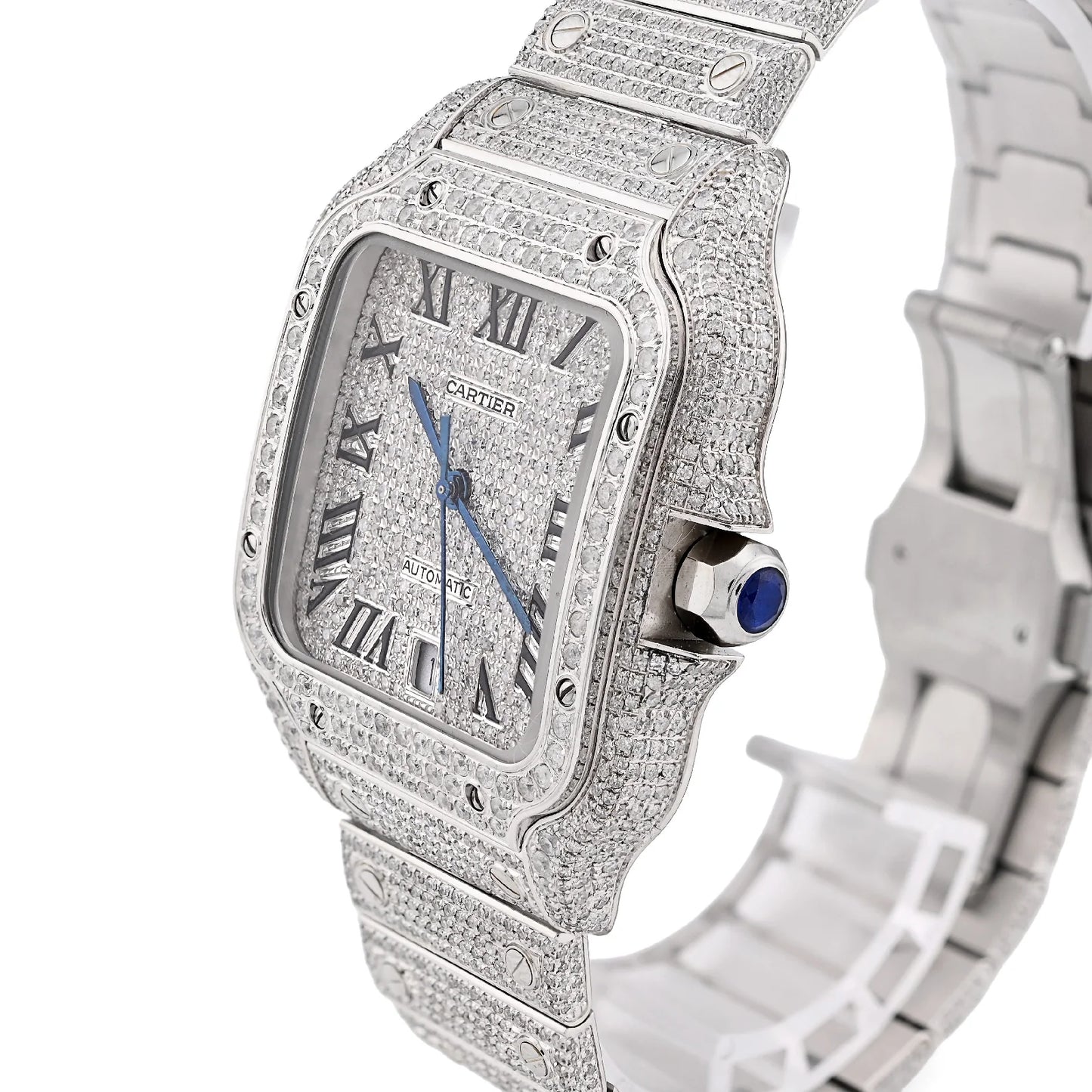 Cartier Santos White 40MM 12CTW Natural Diamond Bussdown Iced Out Mens Watch
