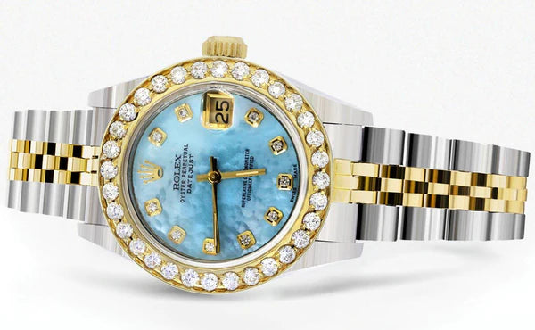Diamond Rolex Datejust Gold Watch for Women | 1 Carat Bezel | 26MM | Blue Pearl Diamond Dial | Jubilee Band