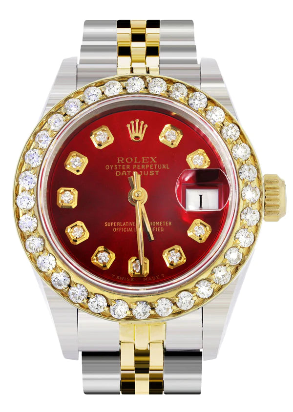 Diamond Rolex Datejust Gold Watch for Women | 1 Carat Bezel | 26MM | Red Pearl Diamond Dial | Jubilee Band