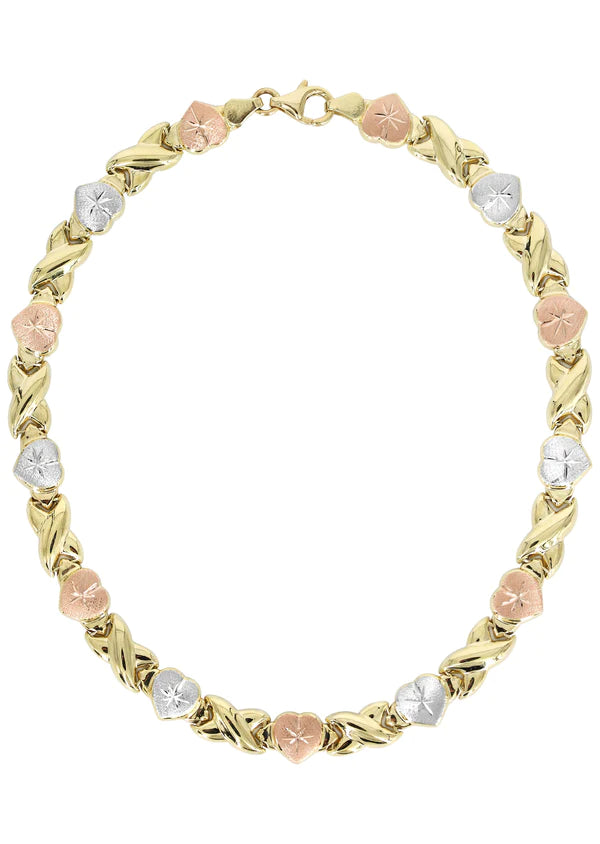 YELLOW GOLD "XO HEART" TRI-COLOR NECKLACE & BRACELET SET FOR WOMEN | APPX 17.9 GRAMS