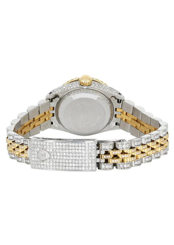 Full Diamond Bust Down Rolex Datejust Gold Watch for Women | 1 Carat Bezel | 26MM | Royal Blue Dial | Jubilee Band