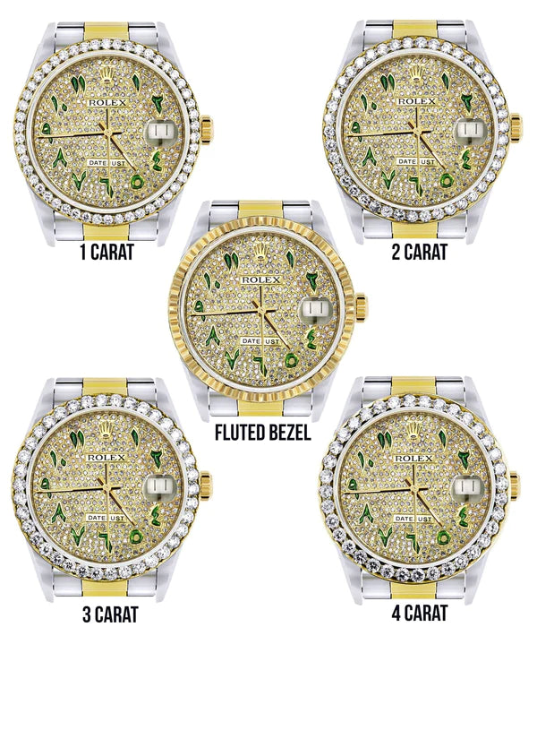 Diamond Gold Rolex Datejust Watch 16233 | 36MM | Custom Green Arabic Full Diamond Dial | Stainless Steel | Oyster Band
