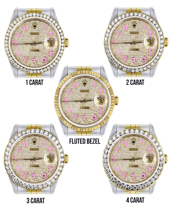 Diamond Gold Rolex Datejust Watch 16233 | 36MM | Pink Arabic Full Diamond Dial | Stainless Steel | Jubilee Band
