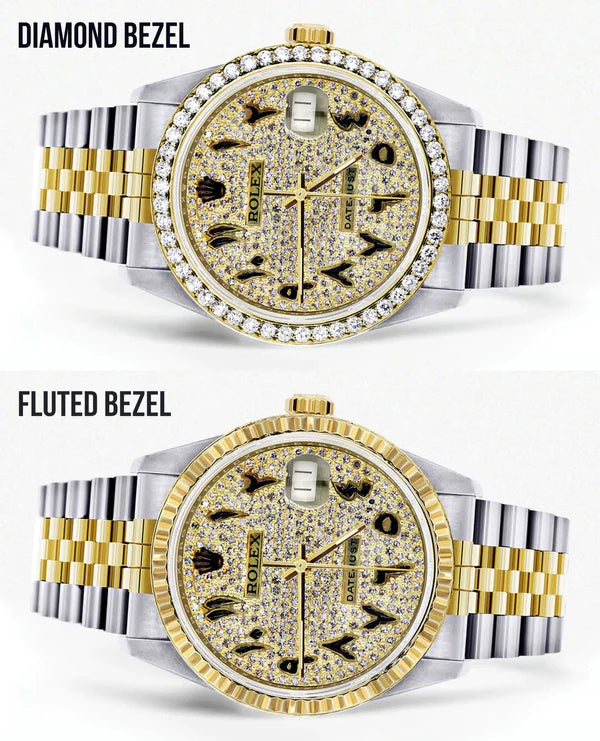 Diamond Gold Rolex Datejust Watch 16233 | 36MM | Black Arabic Full Diamond Dial | Stainless Steel | Jubilee Band